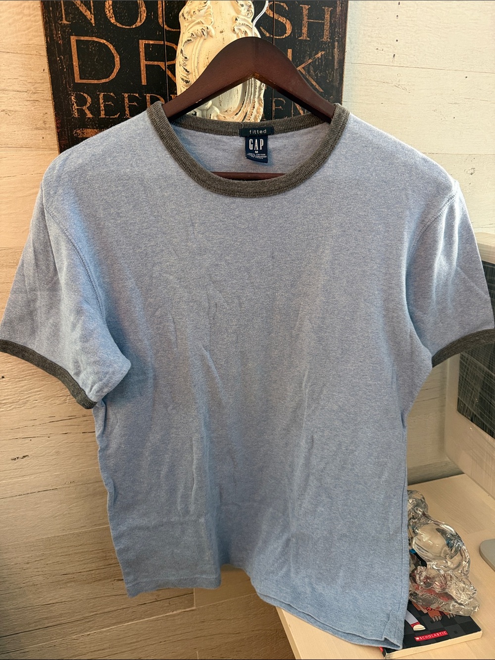 GAP Fall 2001 Vintage Light Blue Short Sleeve Ringer Tee with Dark Gray Trim